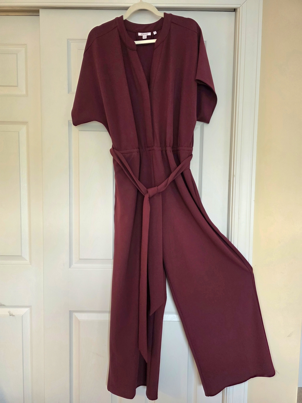 Chico's Burgundy V-Neck Wide-Leg Jumpsuit with Tie Waist